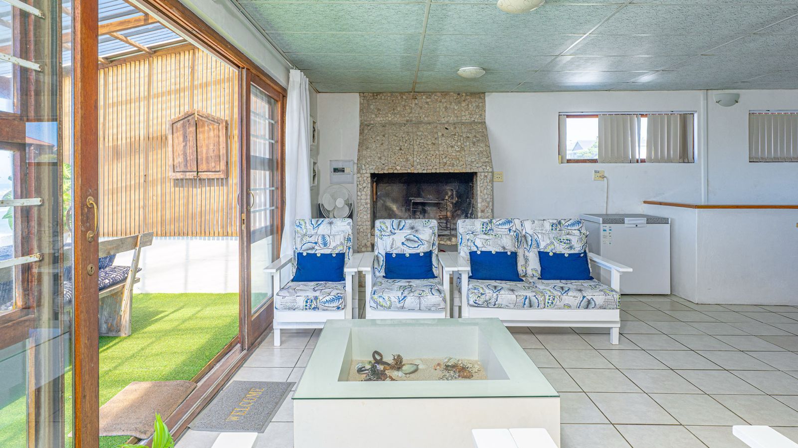 Blue Whale lounge with fireplace