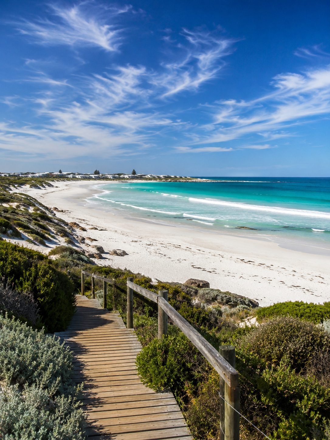 Struisbaai Beach — boardwalk to the white sand and turquoise water