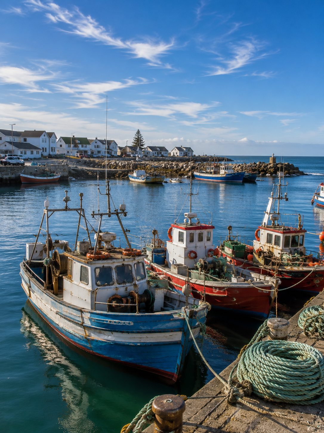 Struisbaai harbour with fishing boats moored at the quay